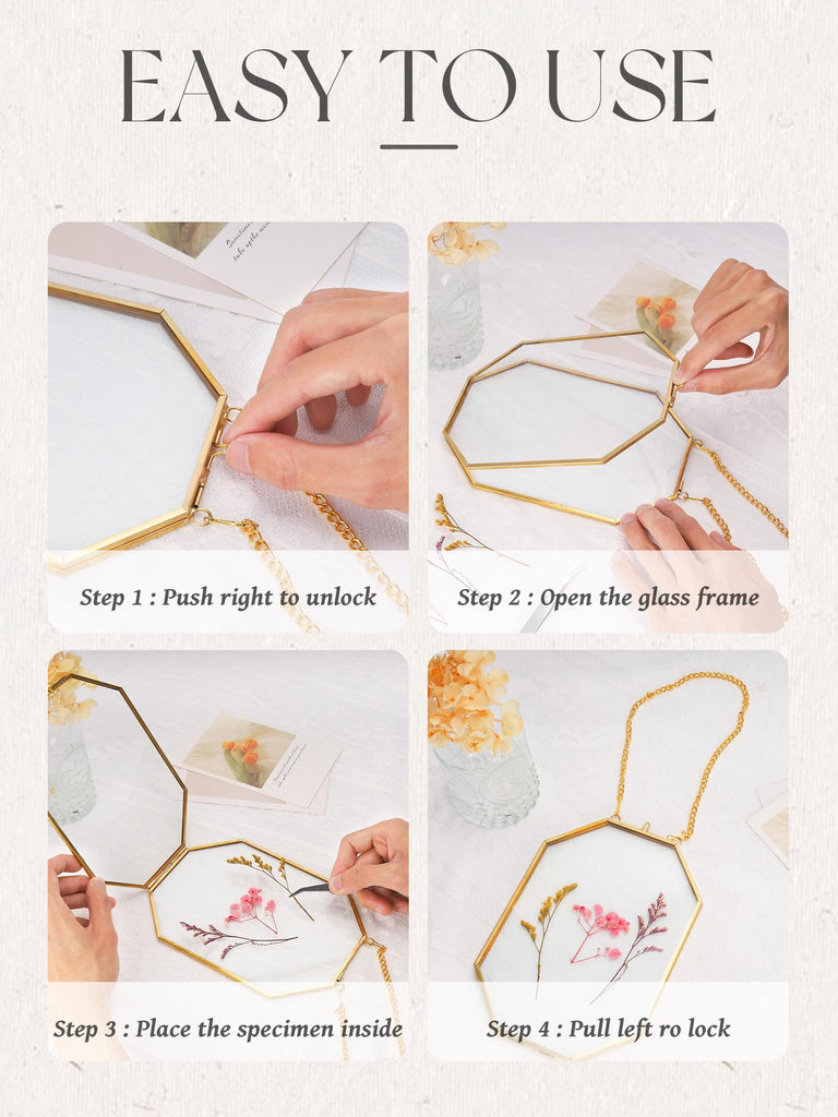 Pressed Flower Frames, Glass Floating Frames for Display Dried Plant Specimen Picture, Hanging Brass Photo Frame with