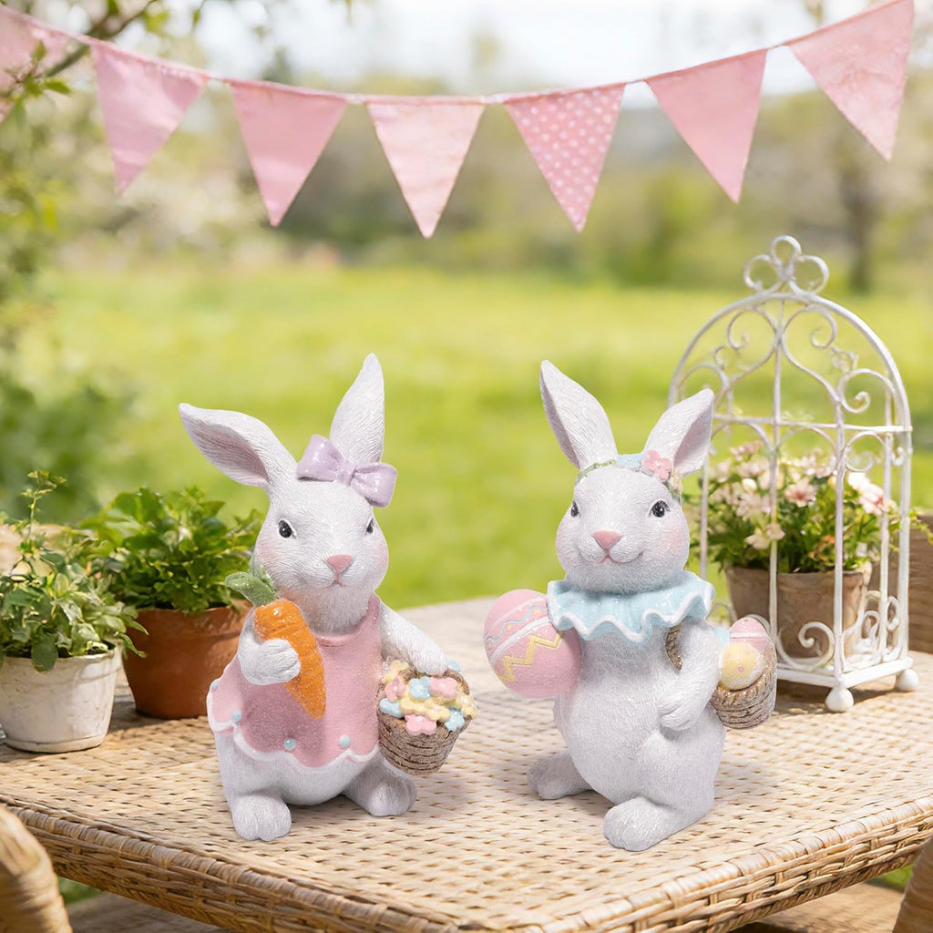 Easter Bunny Figurines Set, Spring Rabbit Decor with Easter Eggs Basket, Floral Wreath Bunny Statues, Tabletop Home - Set of 2