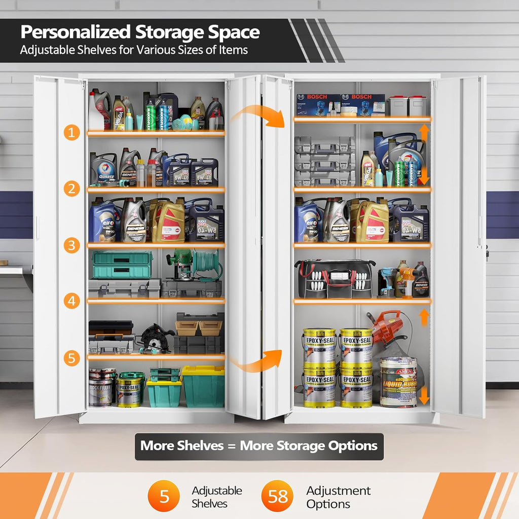 Metal Garage Storage Cabinet with 2 Doors and 5 Adjustable Shelves, 71" Tall Steel Lockable File Cabinet, Locking