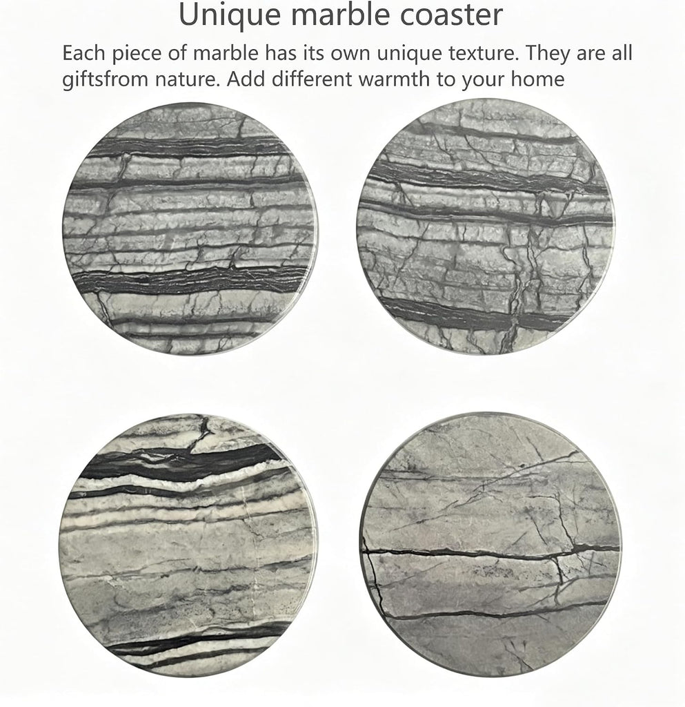 Natural Marble Coasters 4-Piece Set, Round Coasters, 4 Inches Coffee Table Stone Coasters, Suitable for Coffee
