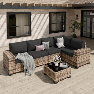 Patio Furniture Set, 6 Piece Outdoor Sectional Sofa with Thick Cushions | Wicker Rattan Wide Armrest Patio Sectional