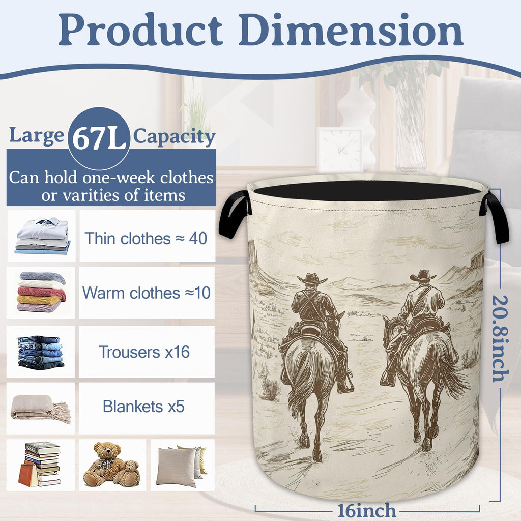 Western Cowboy Laundry Hamper With Handle,Foldable Oxford Cloth Horse Desert Laundry Basket,20.8"x16" Clothes Storage