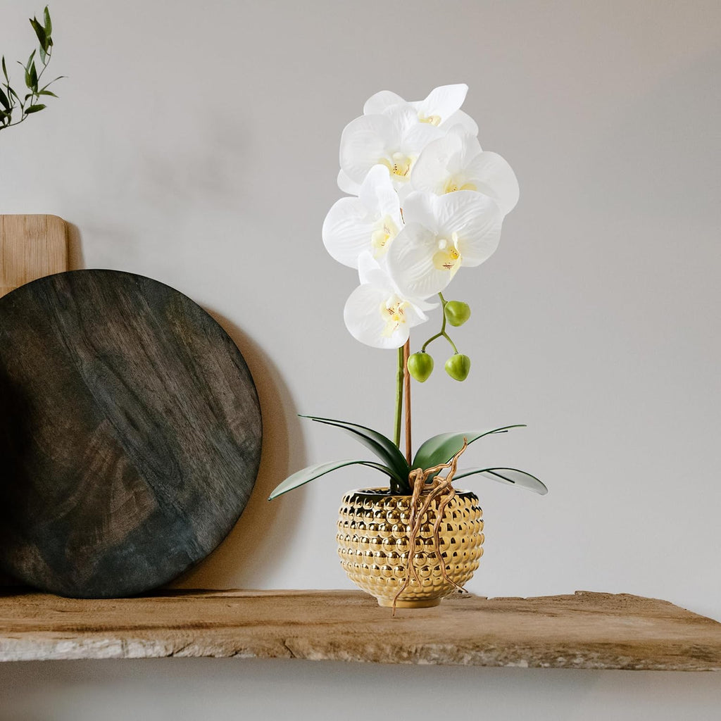Orchids Artificial Flowers, 15" Faux Orchid in Gold Flower Pot Real Touch Flowers in Pot Large Flower Arrangements - Set of 6