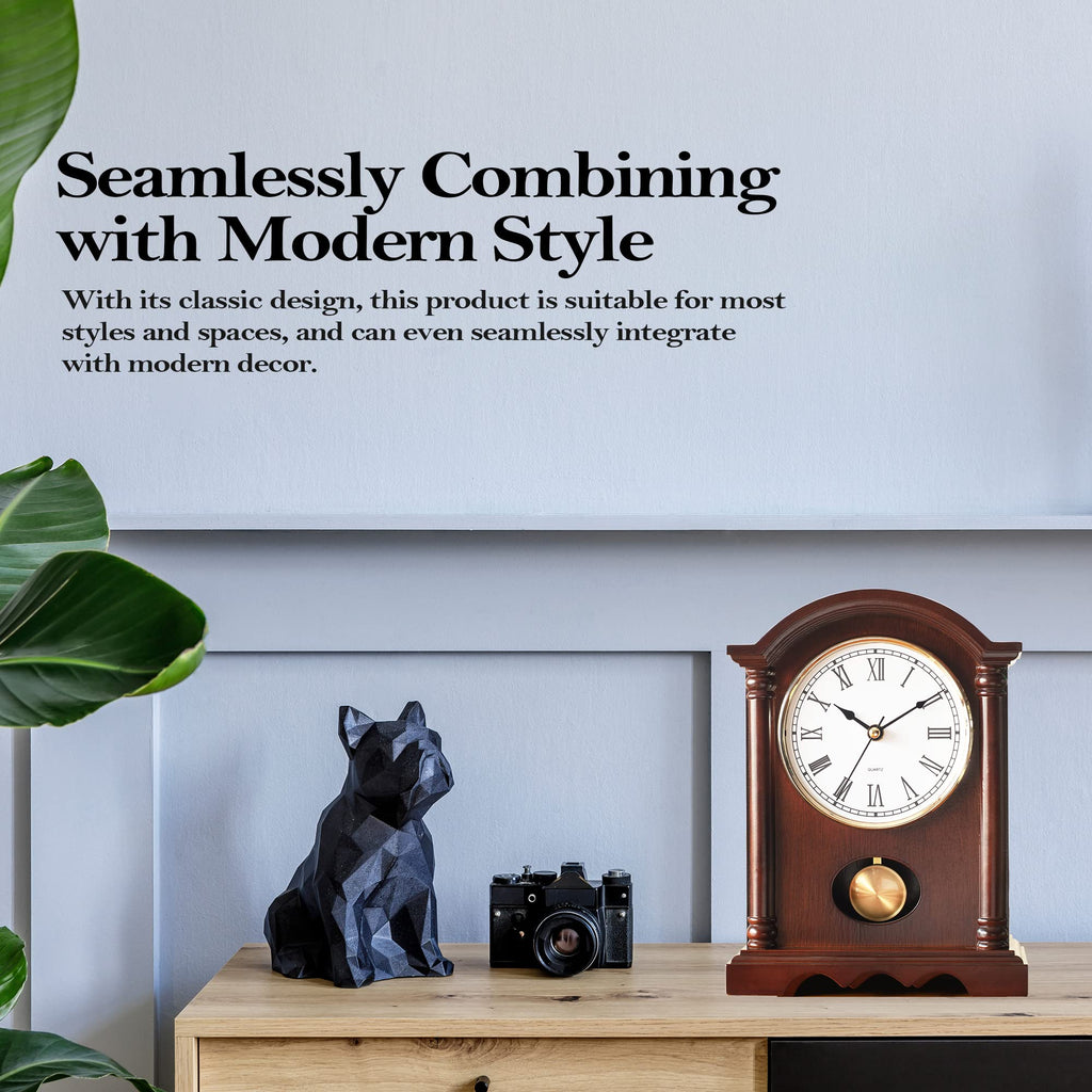 Classic Grandfather Mantel Clock Déco, Elegant Wooden Finish, Gold-Tone Pendulum, Desk Clock, Farmhouse Décor