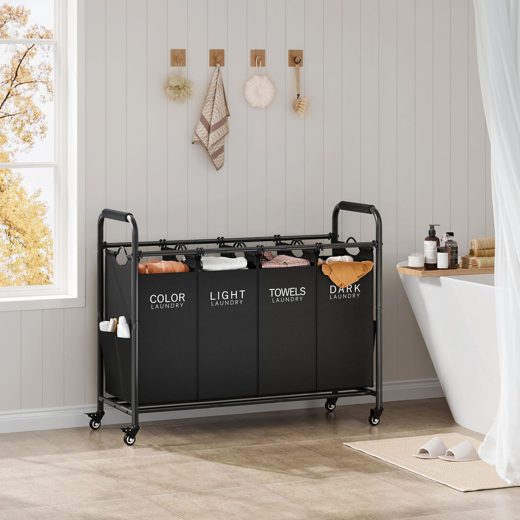 4 Bag Laundry Sorter Cart, Laundry Sorter 4 Sections, Black