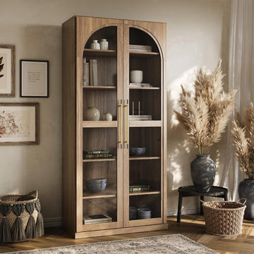 Modern Wood Wine Curio Cabinets with 4 Adjustable Shelves, 67" Storage Cabinet, 6 Shelf Glass Bookshelf Display