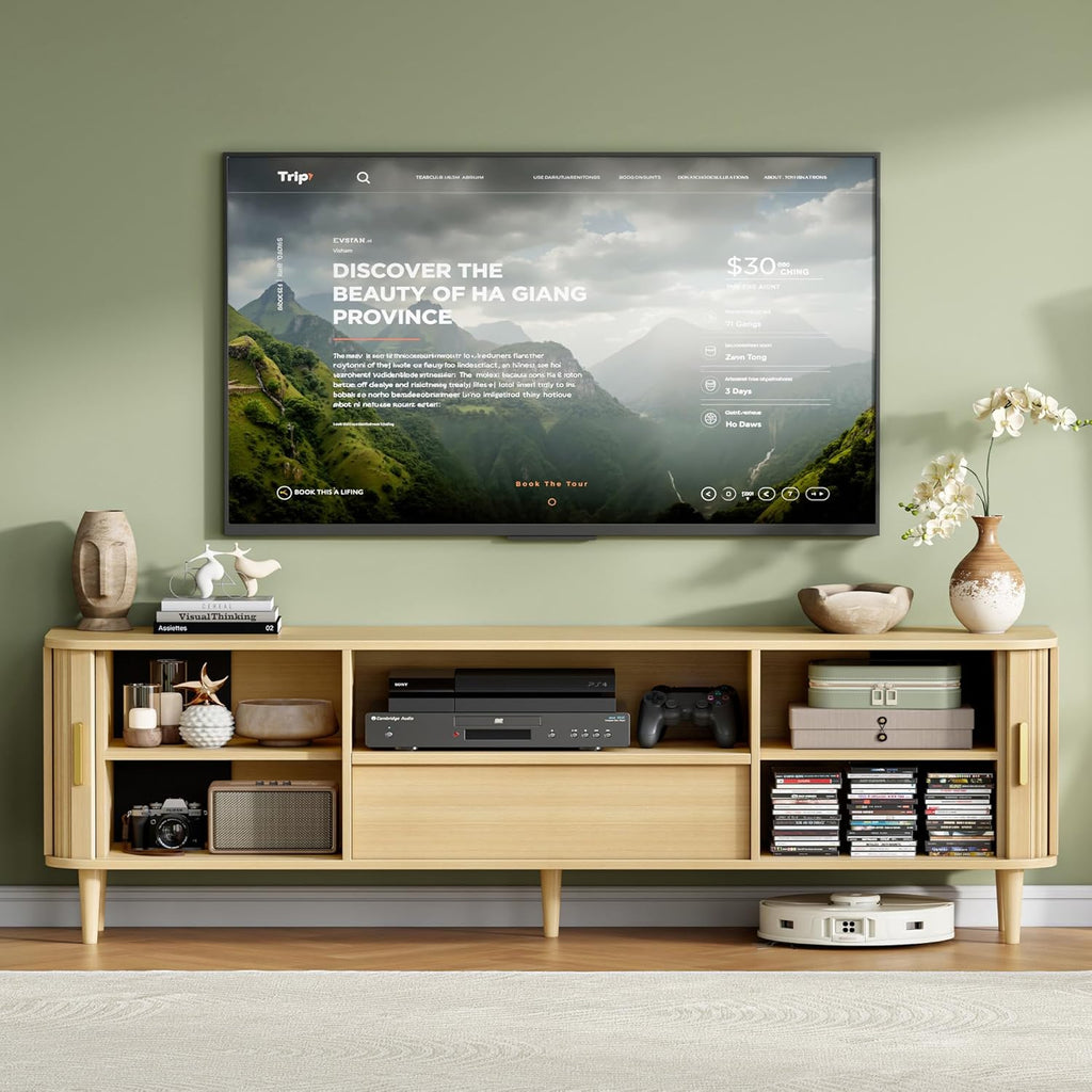 Mid-Century Modern Fluted TV Stand for 65/70/75/80 Inch TVs, 69" Entertainment Center with Grooved Sliding Doors &