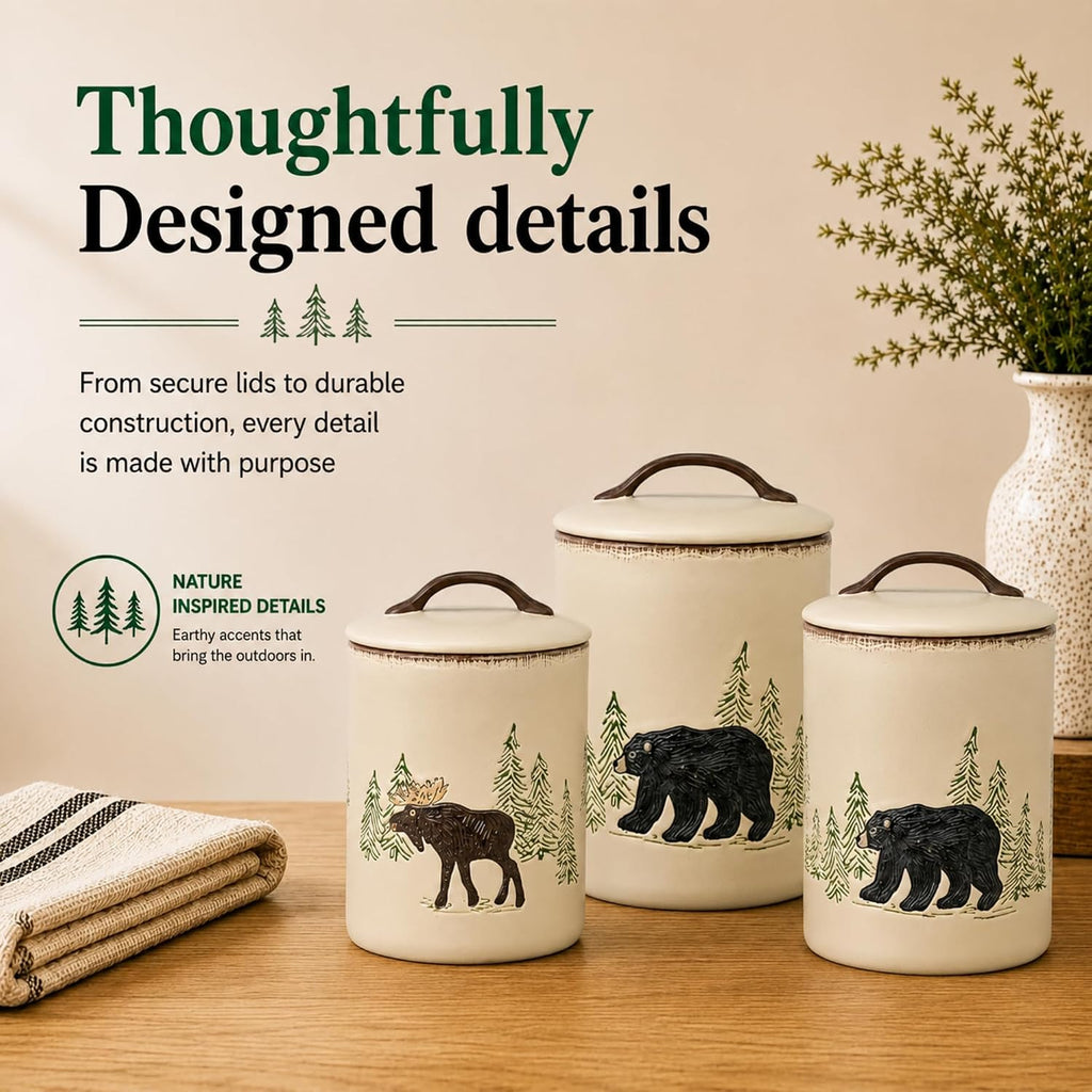 Stoneware Rustic Retreat Canister Set | Farmhouse Rustic Countertop Storage | Airtight Seal | Kitchen Counter - Set of 3