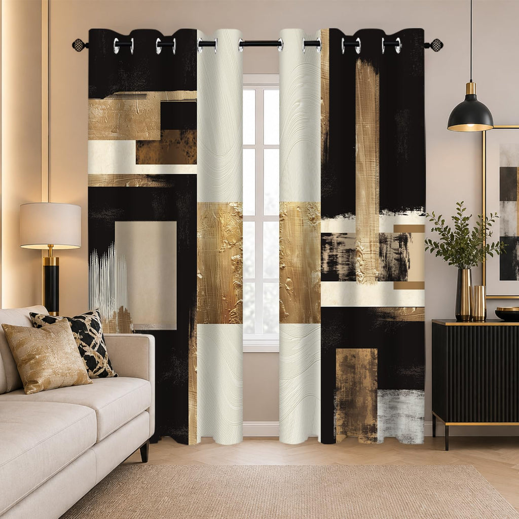 Boho Black Gold Abstract Blackout Curtains, Modern Oil Aesthetic Neutral Contemporary Beige Darkening Thermal
