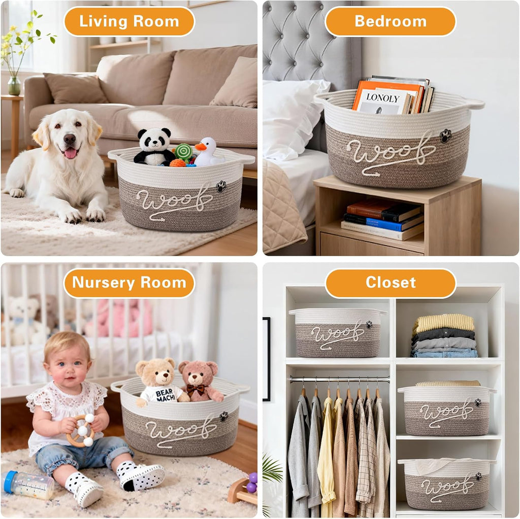 30L Woof Dog Toy Basket with Handles, Large Dog Toy Storage Bin with Paw Print, Woven Dog Basket for Blankets, Toys
