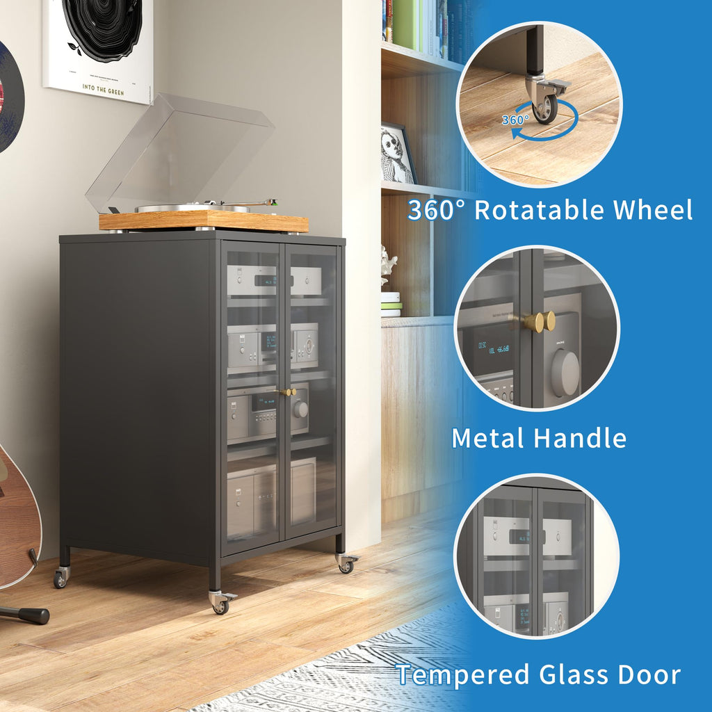 Stereo Cabinet, Metal Media Storage Cabinet with Glass Doors, Audio-Video Media Stand with 4 Adjustable Shelves, AV
