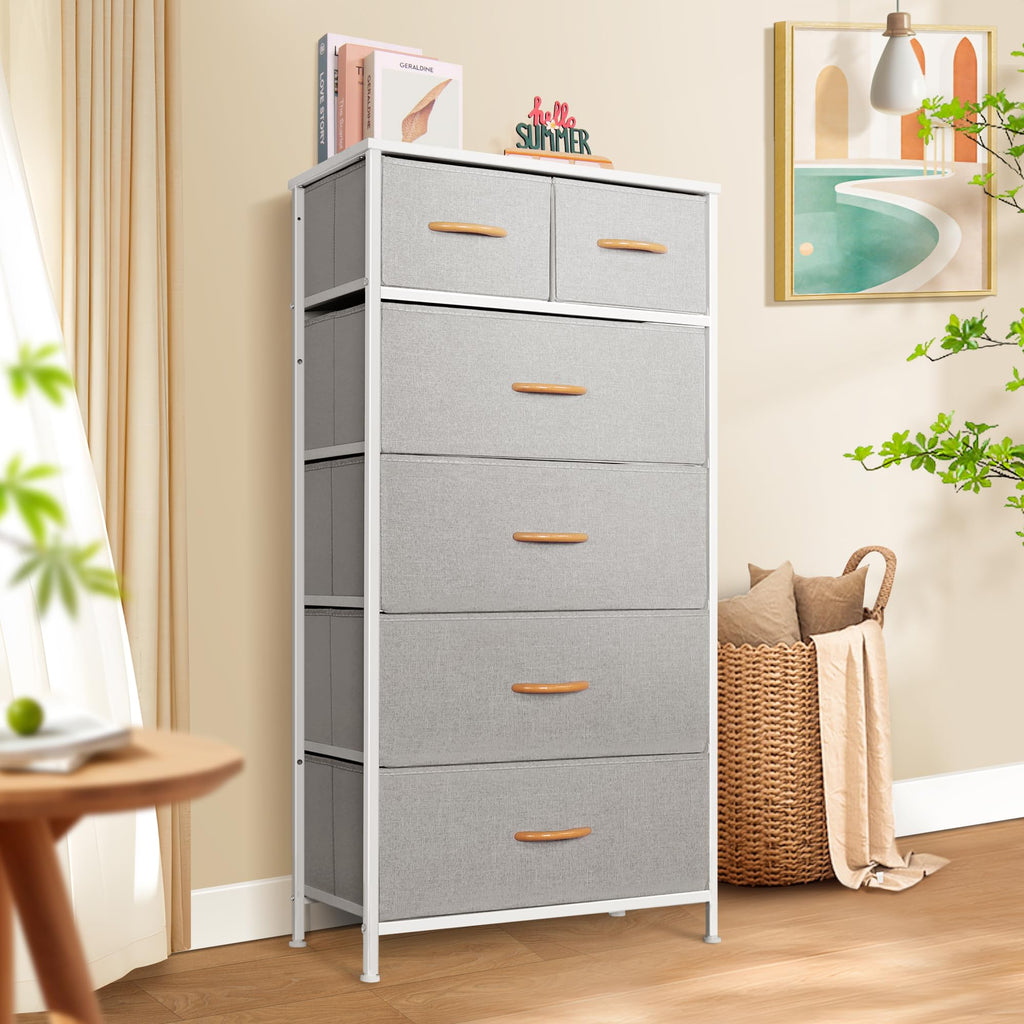 Tall, Vertical Storage Organizer Tower with 6 Drawers, Chest of Drawers with Fabric Bins, Steel Frame, Wood Top