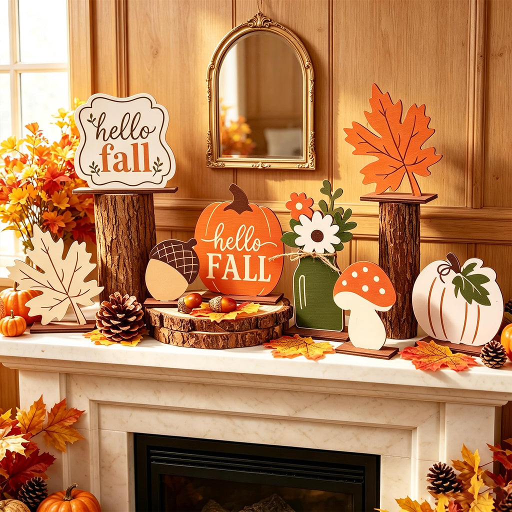 Fall Table Decor, Fall Decorations, 8PCS Wooden Hello Fall Sign, Maple Leaf, Pumpkin and Acorn Indoor Home Office