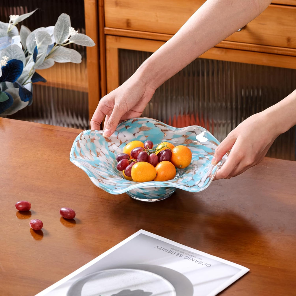 Hand Blown Murano-style Art Glass Bowl, 10.2-Inch Large Decorative Centerpiece for Table, Cobalt Blue Fruit Display &