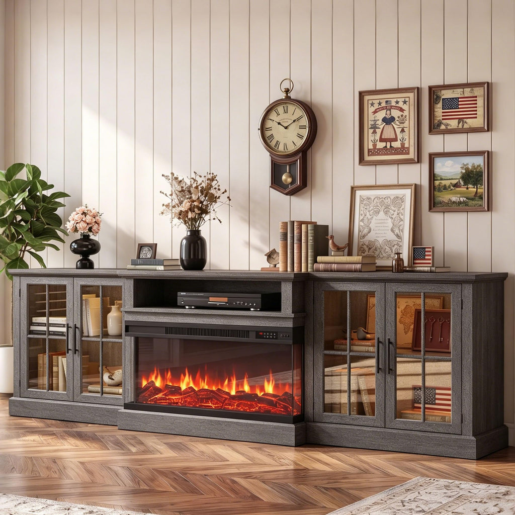 98" Farmhouse TV Stand with 36" Fireplace, Gray & Black