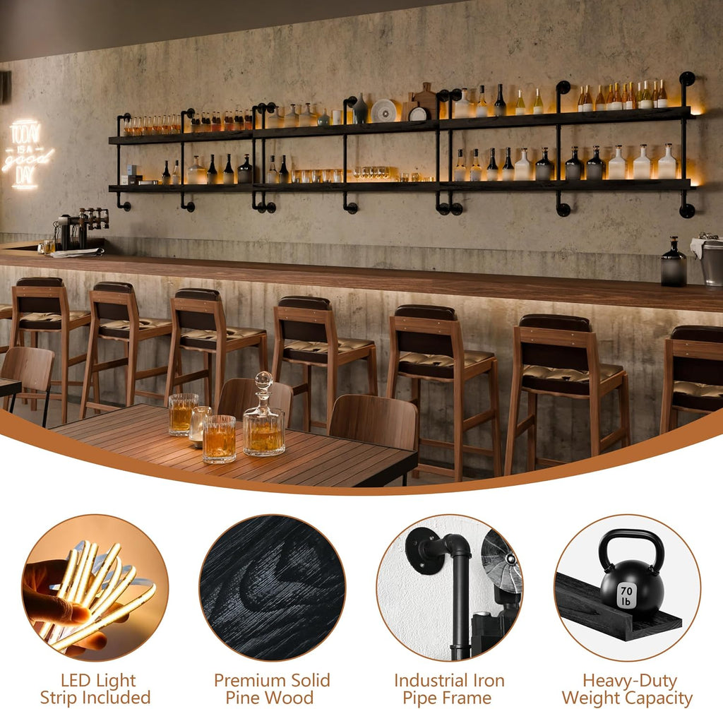 Bar Shelves, Wall Mounted Wine Rack, Black, 60 Inch | 2 Tier, Industrial, Solid pine shelves, black pipe brackets, 70