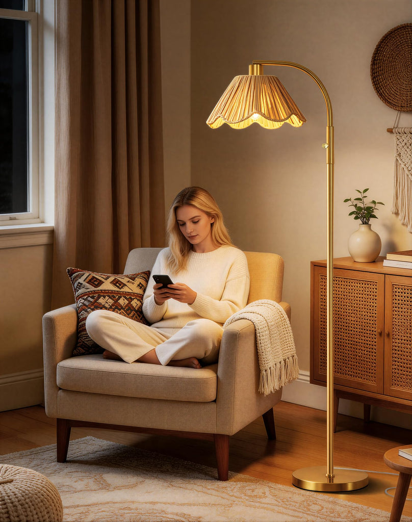 Gold Floor Lamp, Modern Standing Lamp with Raffia Lampshade, Stepless Dimmable Rotary Switch, 63" Farmhouse
