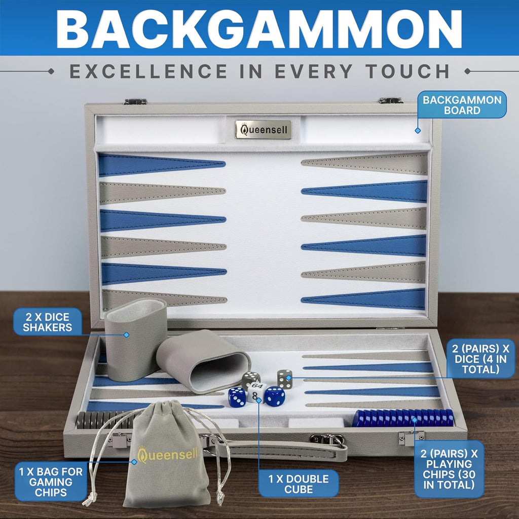 Large Gray Backgammon Set for Adults - Classic Board Game for 2 Players Adults and Kids - Premium 15 Inch Backgammon
