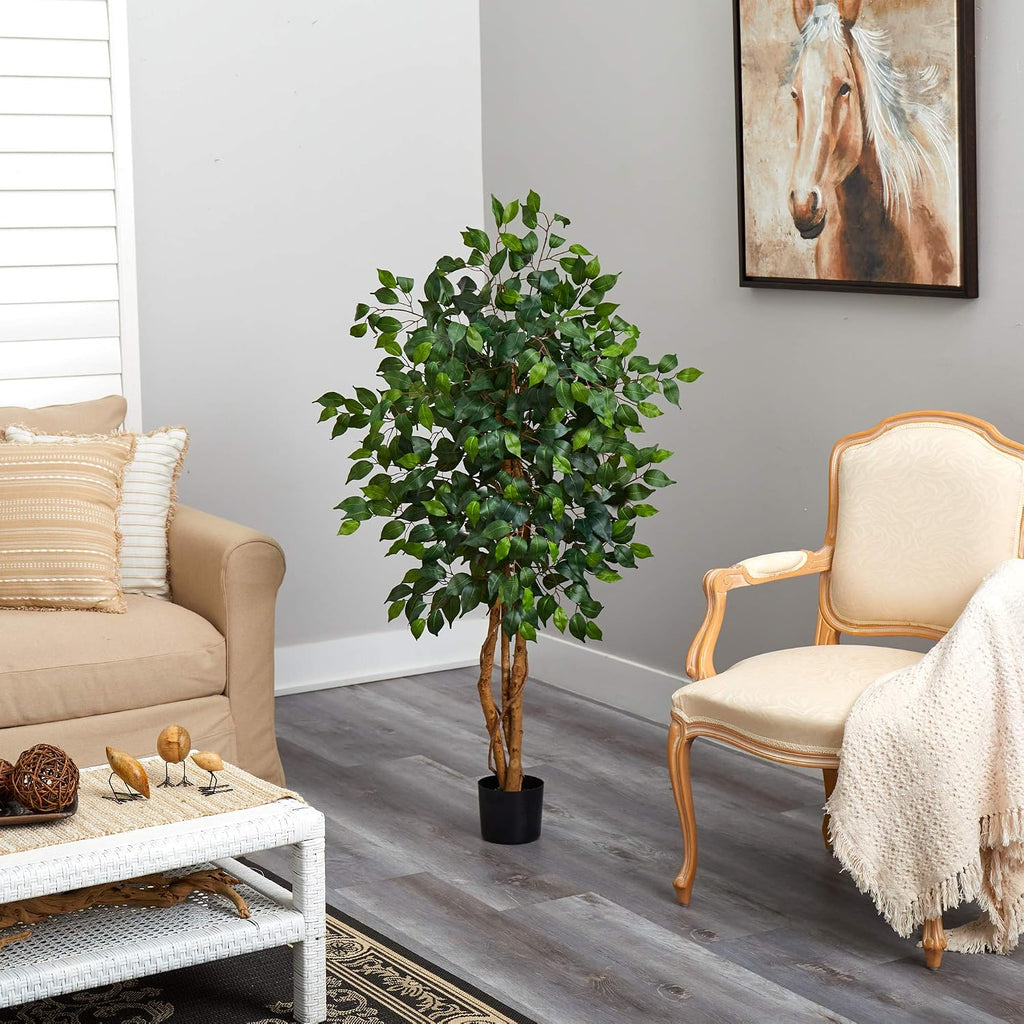 4 ft Artificial Triple Trunk Ficus Tree with Pot | Natural Wood Trunks, Silk Tree with Dense Foliage, Mid-Size Faux