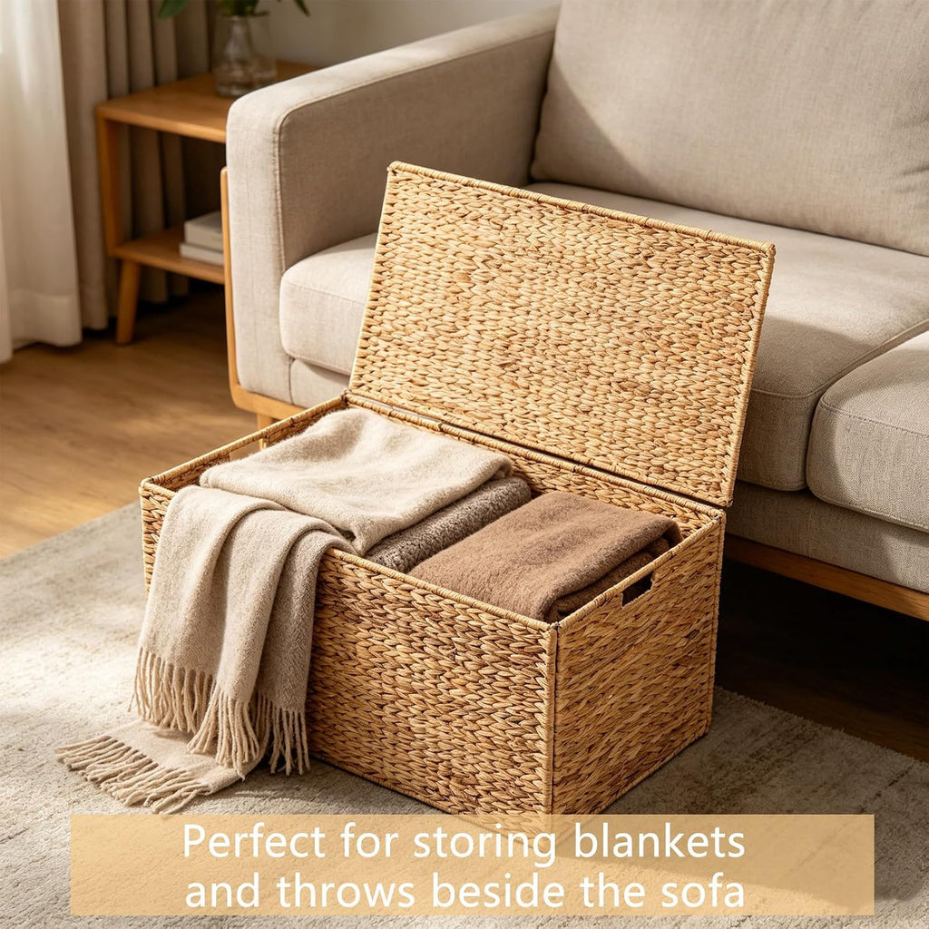 Water Hyacinth Wicker Storage Trunk with Metal Frame 36x20x18.5Inch Large Rattan Basket Decorative Blanket Chest