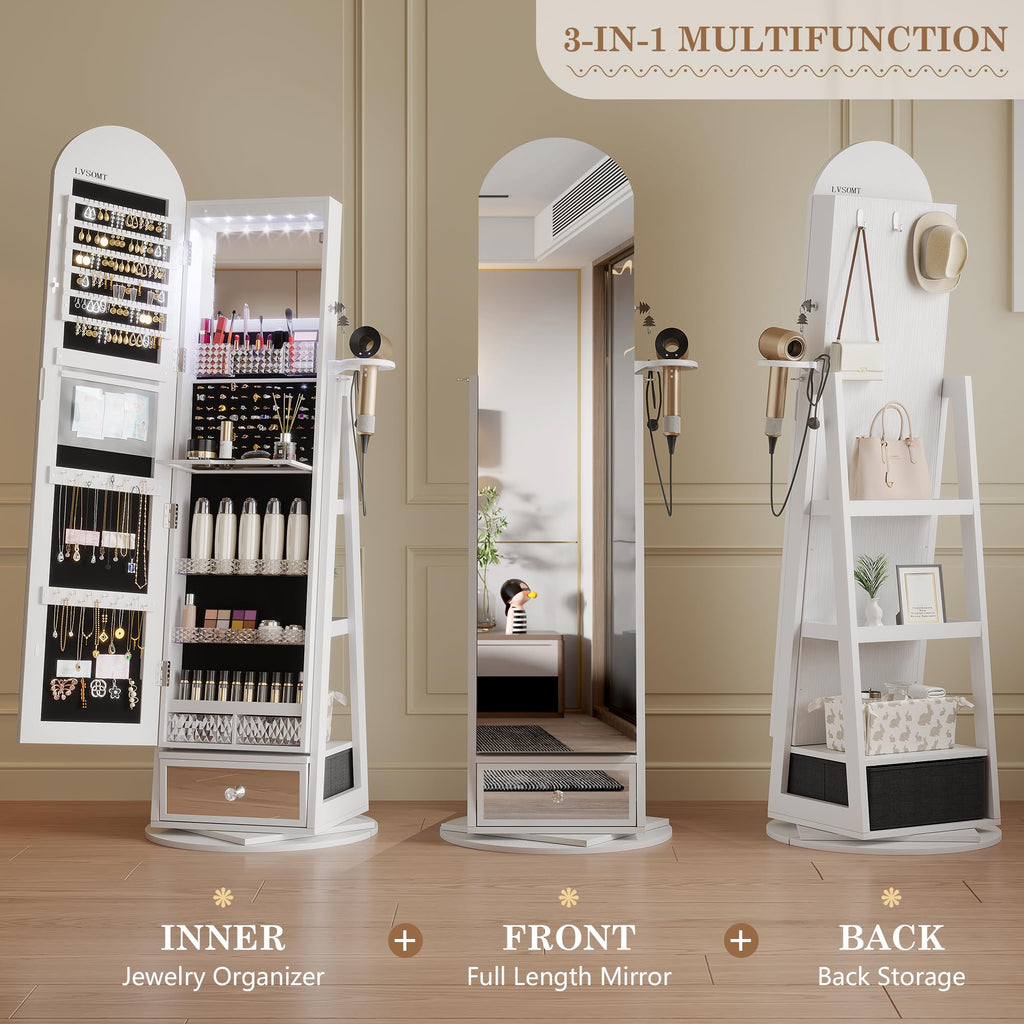 64" H Arched LED Mirror Jewelry Cabinet Standing, White