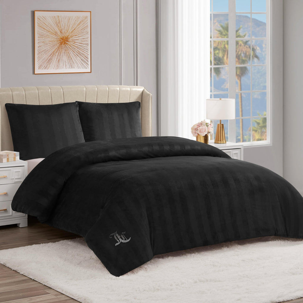 Jenny Velour Striped Jacquard Queen/Full Size Duvet Cover Bedding Set Ensemble - Black 3 Piece Set