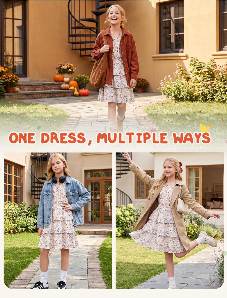 Girls Fall Long Sleeve Floral Dresses Smocked Waist Square Neck