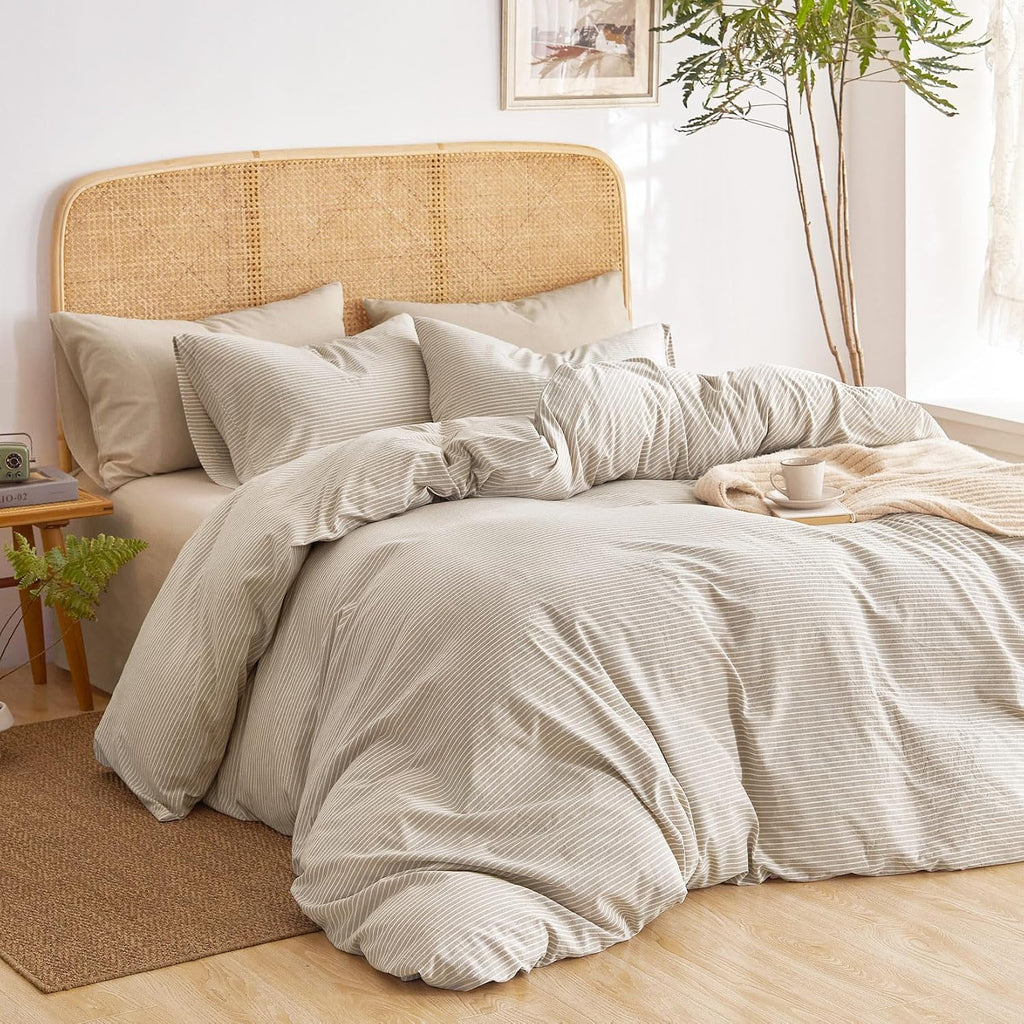 Striped Cotton Duvet Cover Set, 100% Washed Cotton Textured Bedding Set, Ticking Stripe Pinstripe Farmhouse, 3