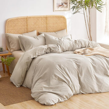 Striped Cotton Duvet Cover Set, 100% Washed Cotton Textured Bedding Set, Ticking Stripe Pinstripe Farmhouse, 3