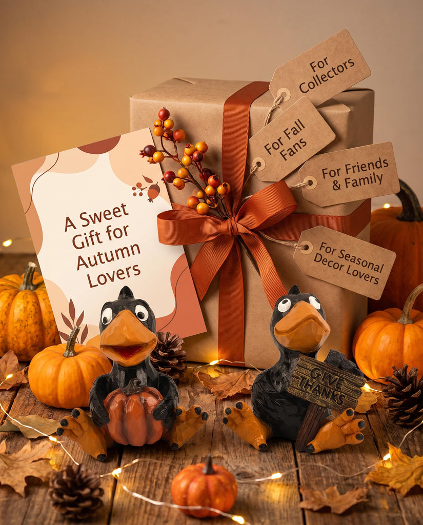 Set of 2 Thanksgiving Crow Figurines, Resin Fall Tabletop Decor with Pumpkin and Give Thanks Sign, Black Bird Shelf