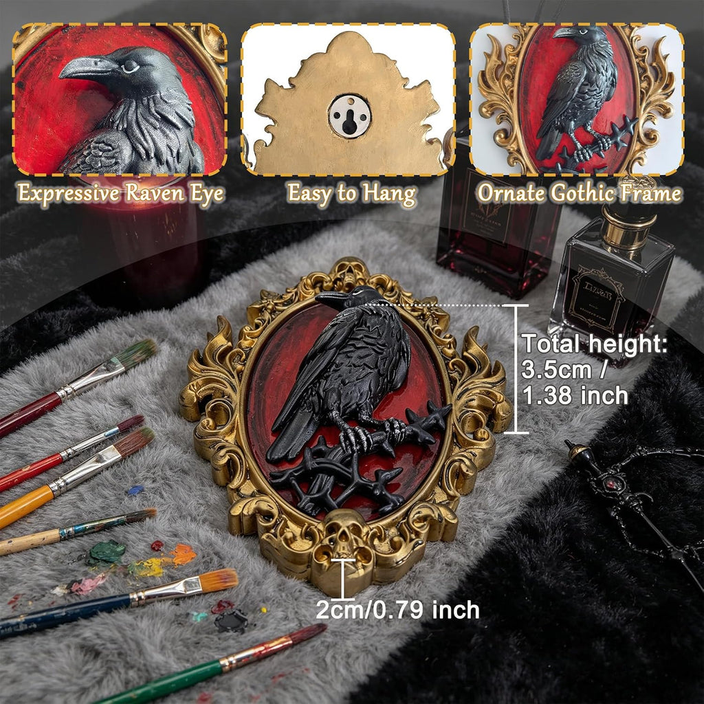 Gothic Raven Resin Wall Sculpture, 3D Crow Wall Decor with Gold Skull Frame