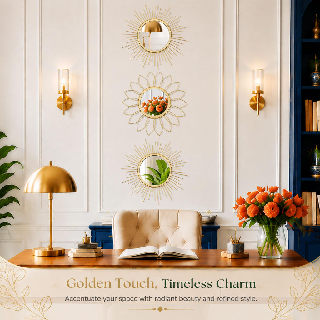 3 Pack Metal Mirrors for Wall Gold Sunburst Wall Mirror Home Decor Accent