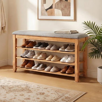 Solid Wood Shoe Bench, 39.4'' Shoe Rack Storage