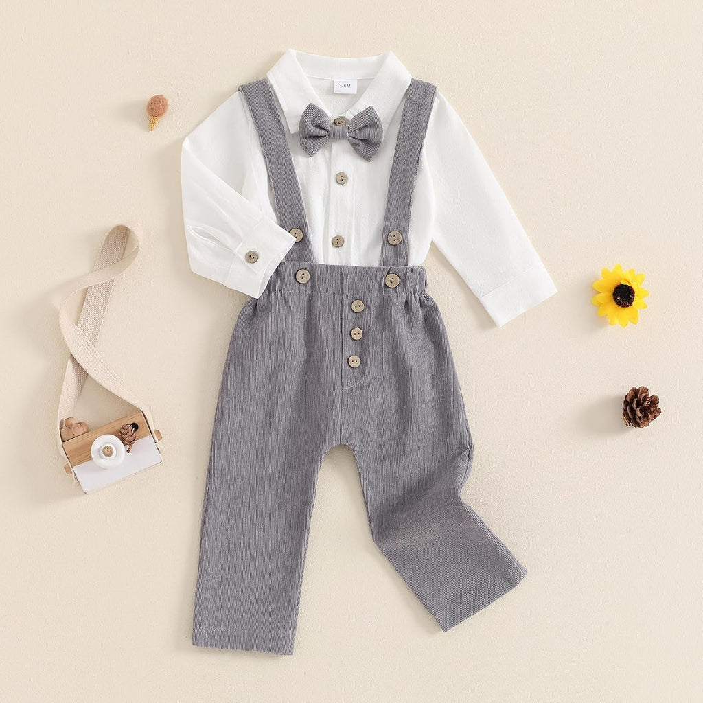 Infant Baby Boy Clothes Suit Bowtie Dress Romper+Suspender Pants Overalls Gentleman Wedding Outfits Formal