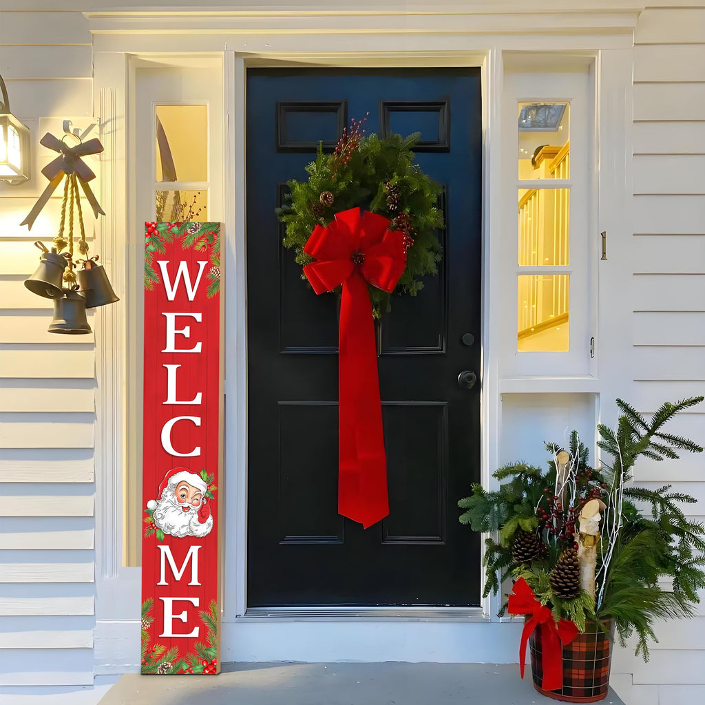 Christmas Wooden Porch Sign 47" Santa Claus Large Welcome Porch Sign Front Door Yard Party Decor(Red)