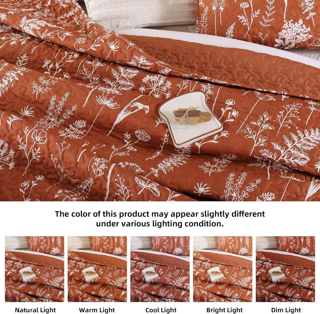Quilts Floral Bed Spread Terracotta Quilts with Botanical Pattern Burnt Orange Microfiber