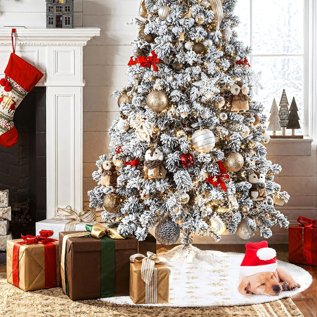 Christmas Tree Skirt 36 Inch, Holiday Part Decorations, Whit Plush Gold Sequin Snowflake Tree Shirt for Xmas