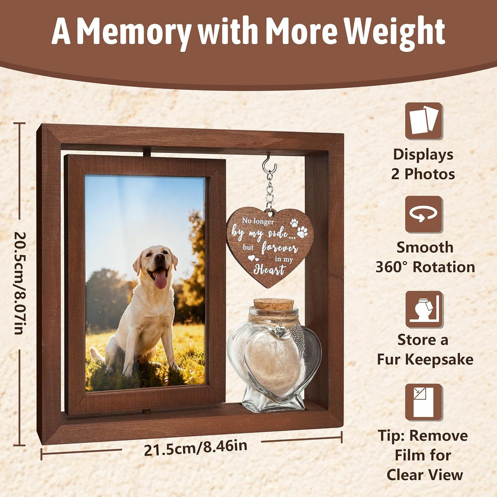 Dog Memorial Gifts for Loss of Pet - Rotating Wooden Frame for 4x6 Photo & Fur Hair Jar - Sympathy Gift for Pet
