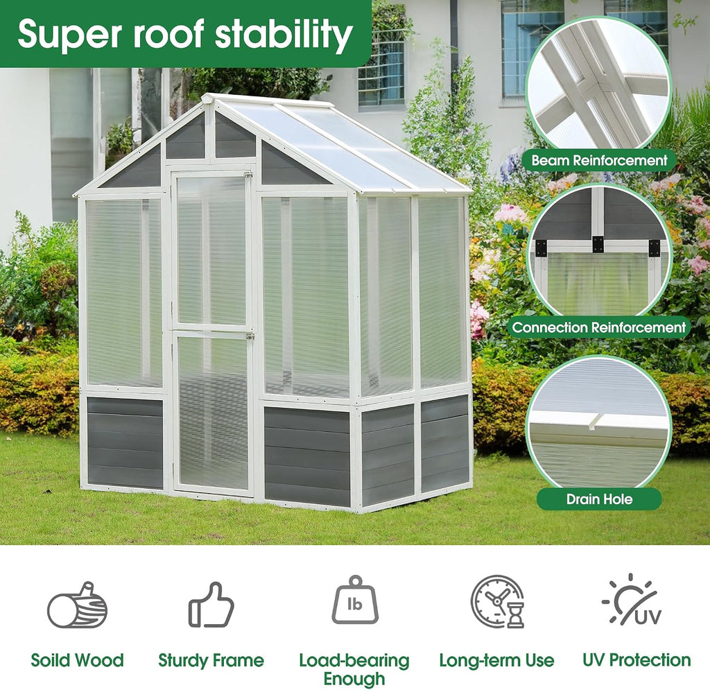 Wooden Greenhouse for Outdoors, Large Polycarbonate Greenhouse with Wooden Base, Lockable Door & 2 Shelves, Heavy