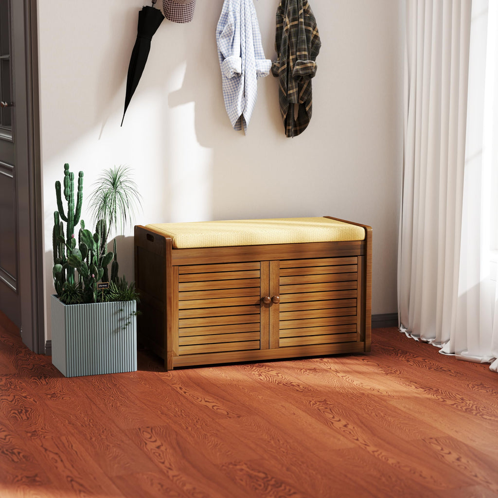 Shoe Storage Bench, 2-Tier Shoe Cabinet with Padded Seat Cushion, Bamboo Entryway Bench with 2 Doors (31.49''(L)