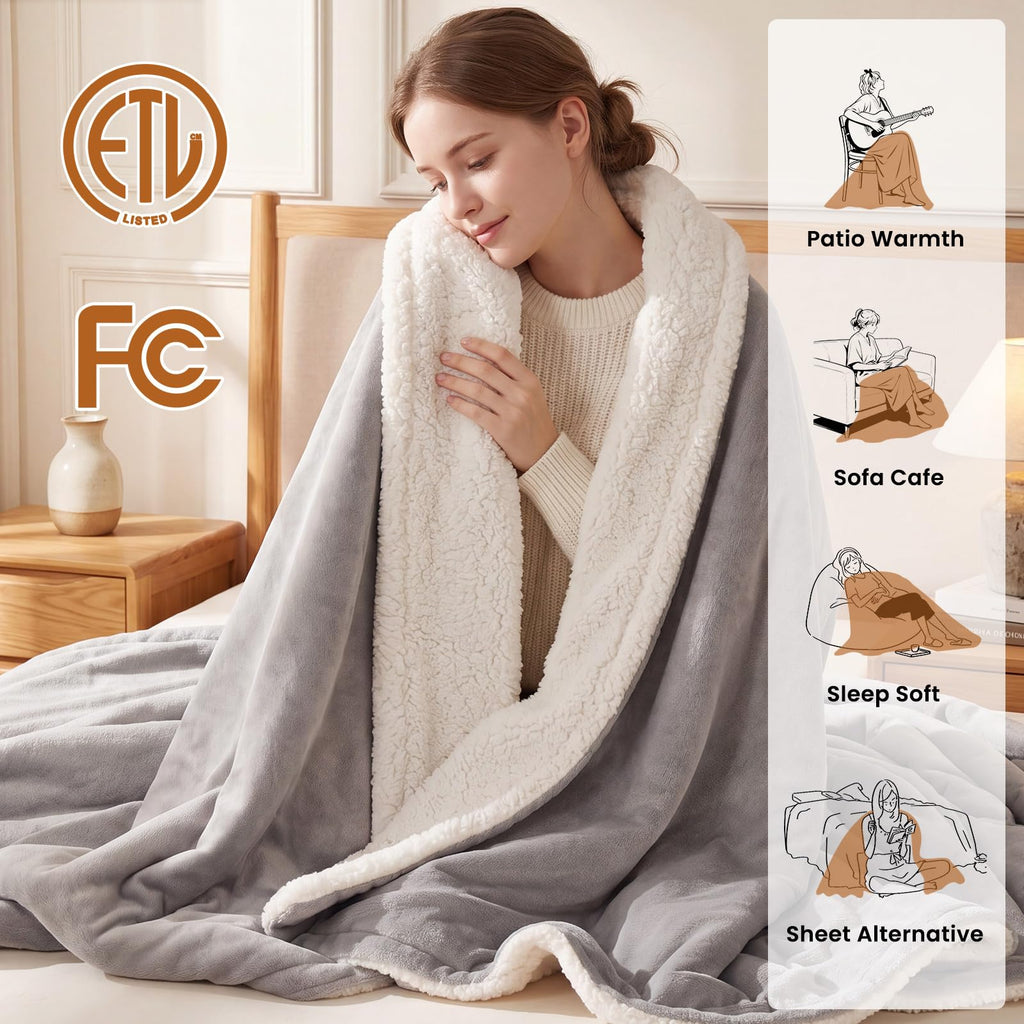 Heated Electric Blanket Twin 62"x84" Grey 6 Heating Levels