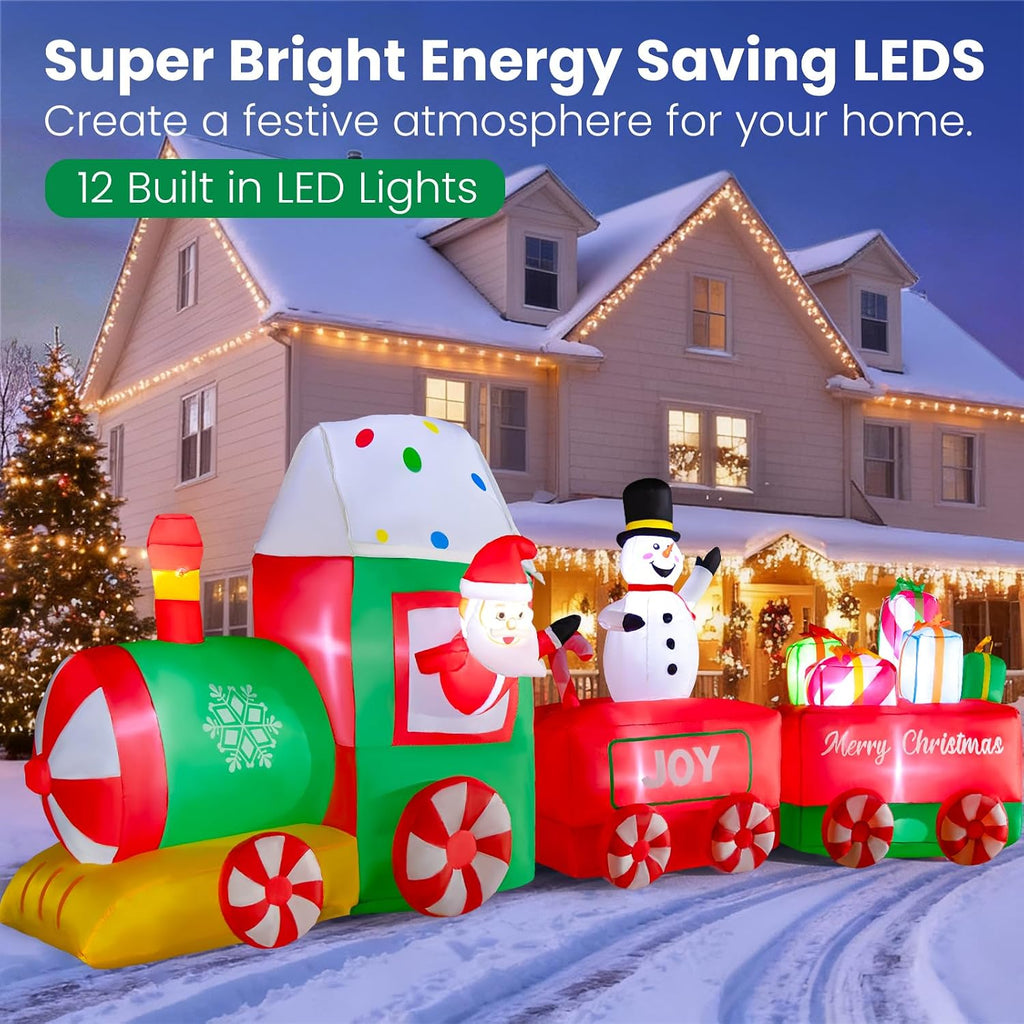 12ft Christmas Inflatables Train with Santa Claus, Christmas Blow Up Yard Decorations with Built-in LED, Christmas