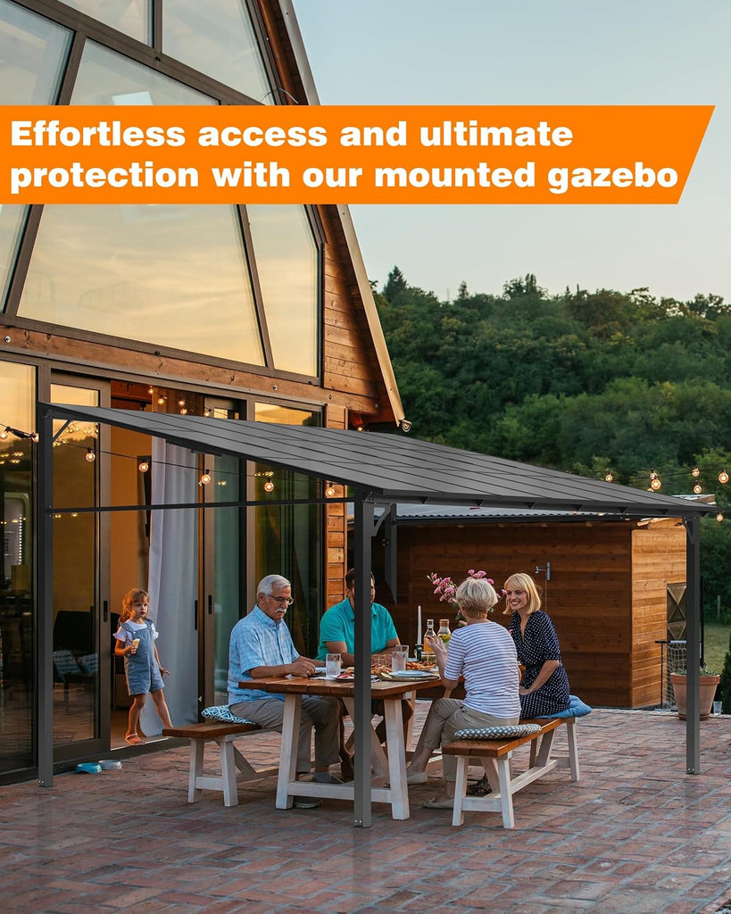 12' x 14' Hardtop Lean-to Gazebo, Wall-Mounted Aluminum Pergola with Polycarbonate Roof – Black