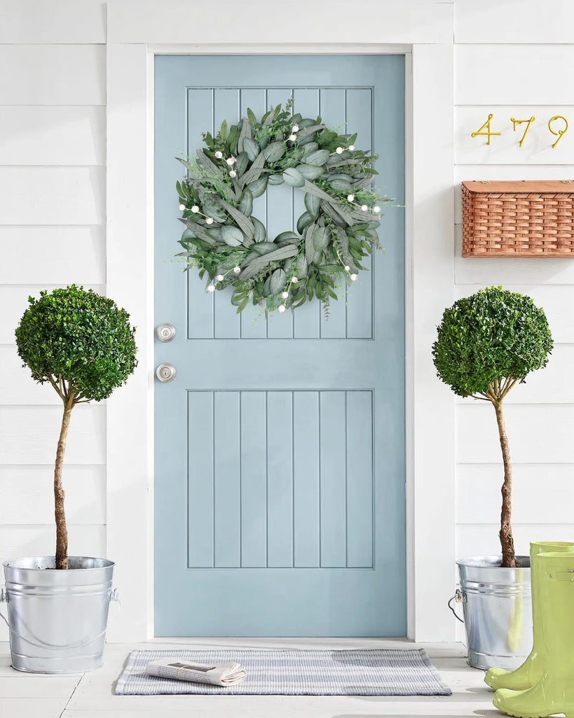 24 Inch Summer Wreath for Front Door, Artificial Outdoor Eucalyptus Wreath, Spring Green Wreaths for Front Door