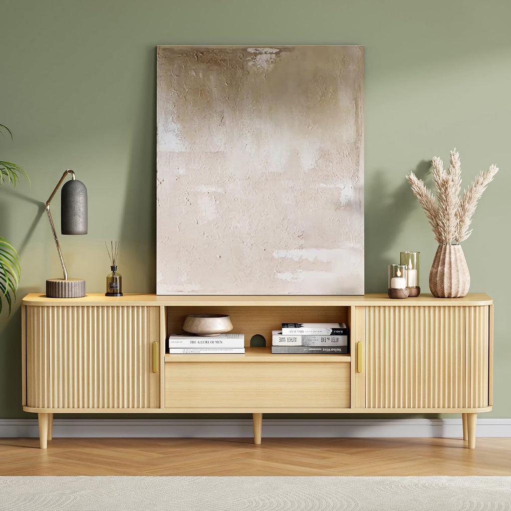Mid-Century Modern Fluted TV Stand for 65/70/75/80 Inch TVs, 69" Entertainment Center with Grooved Sliding Doors &