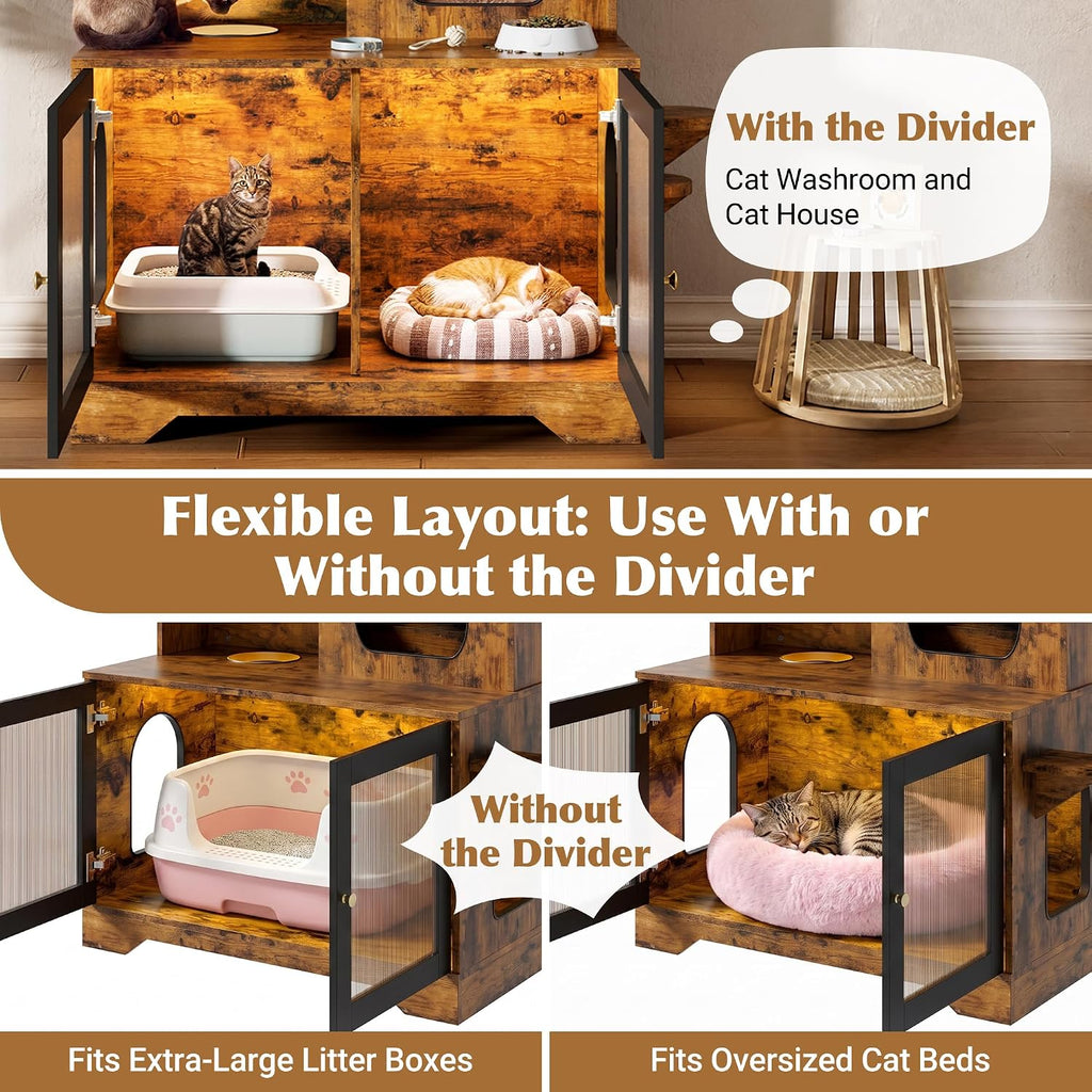 Cat Litter Box Enclosure with Storage Cabinet, Hidden Cat Washroom Furniture with Fluted Glass Doors & Cat Tree