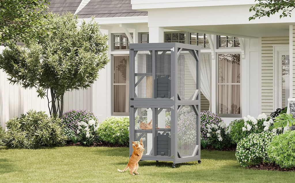 Outdoor Rolling Catio Cat Enclosure, 4-Tier Wooden Cat Cage