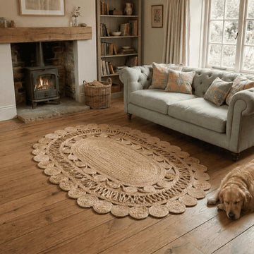 Scalloped Border Braided Jute Oval Area Rug, Natural Beige