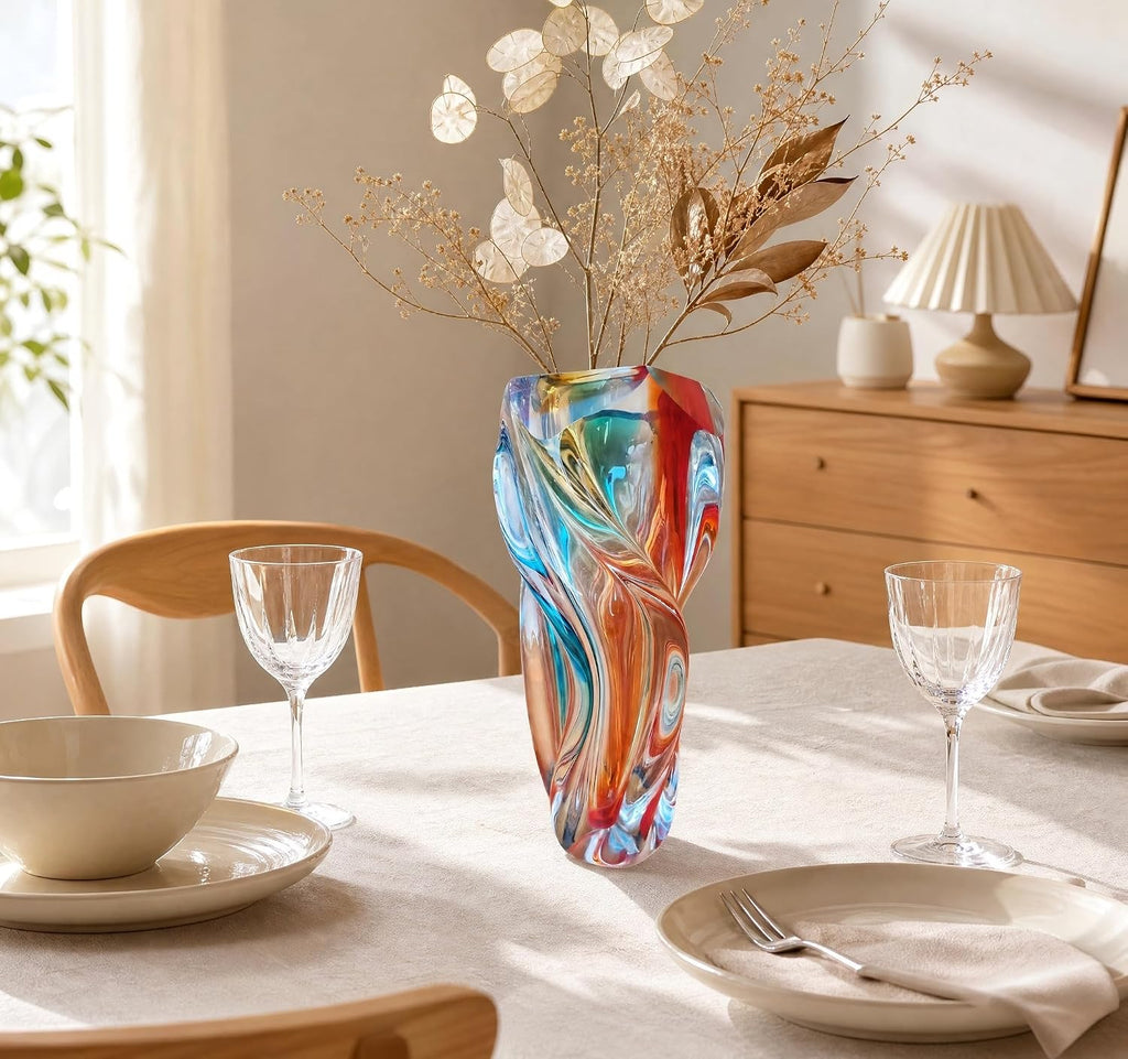 Hand Blown Twisted Multicolor Art Glass Vase, 12" Tall Luxury Swirl Crystal Vase, Decorative Centerpiece , Dining