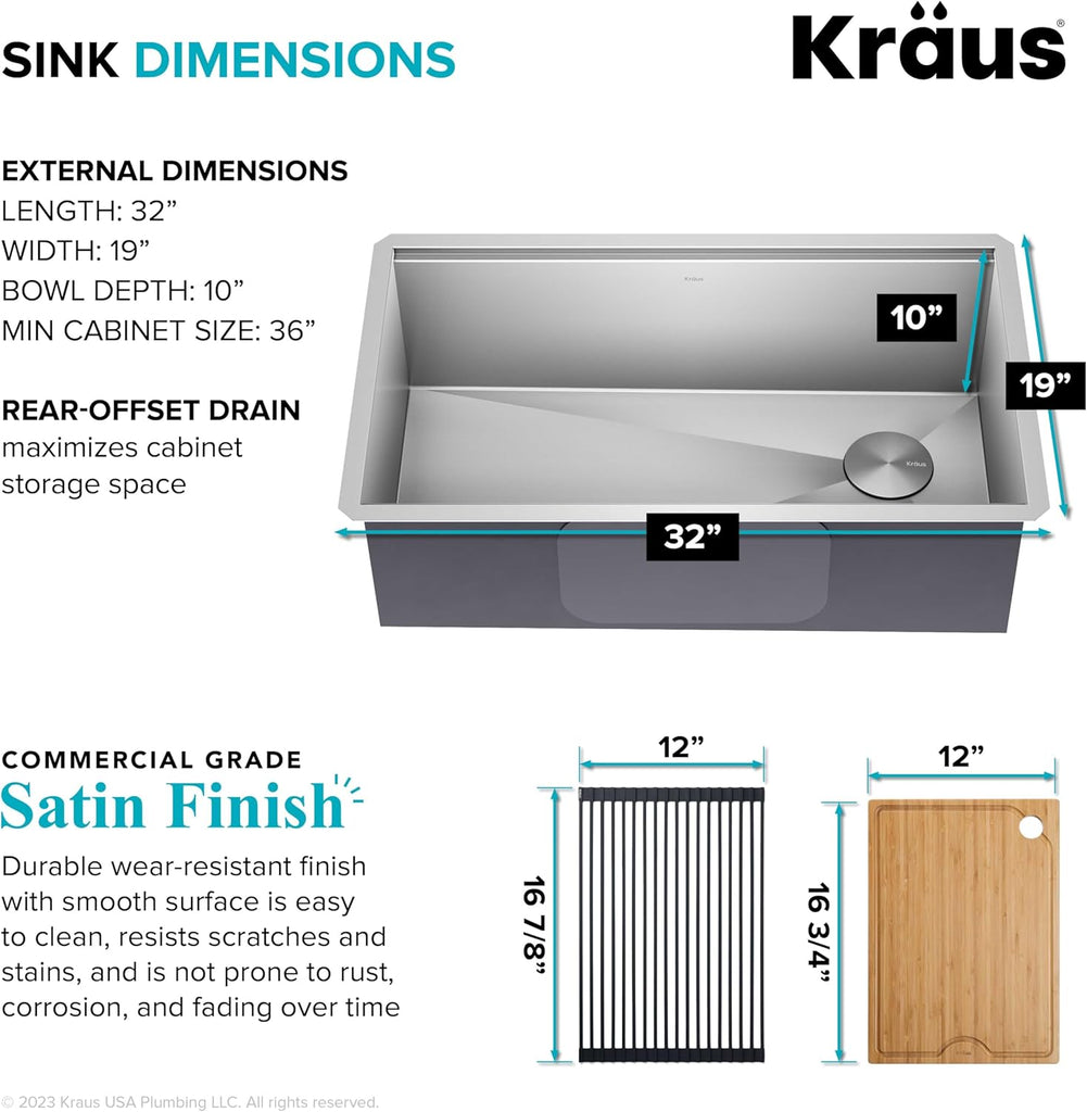 Stainless Steel 32 in Undermount Kitchen Sink KWU110-32 | 16-gauge TRU16 steel, integrated ledge for accessories